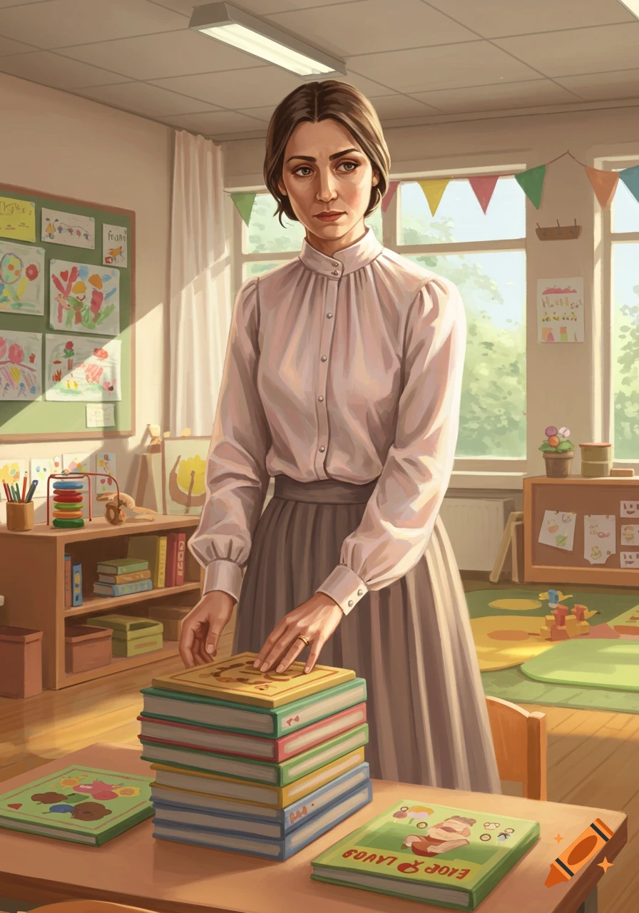 An illustration of a female teacher in a kindergarten classroom, standing behind a stack of children's books on a table.