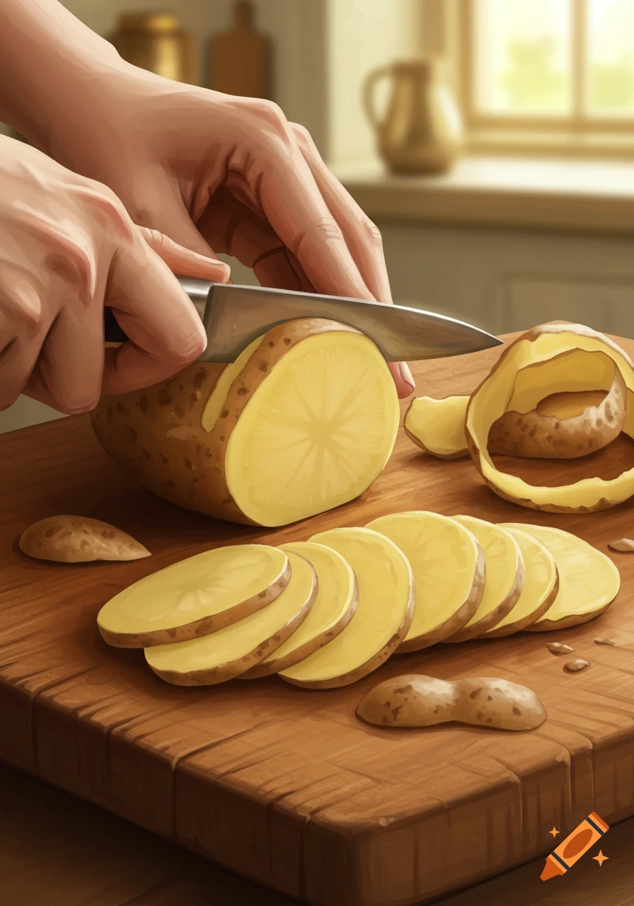 Hands peeling and slicing a potato on a wooden cutting board in a kitchen, illustrated style.