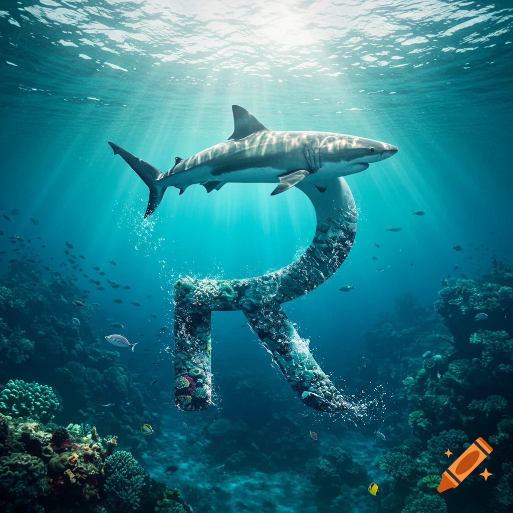 Photorealistic great white shark swimming over a coral-covered letter R in a sunlit underwater reef.
