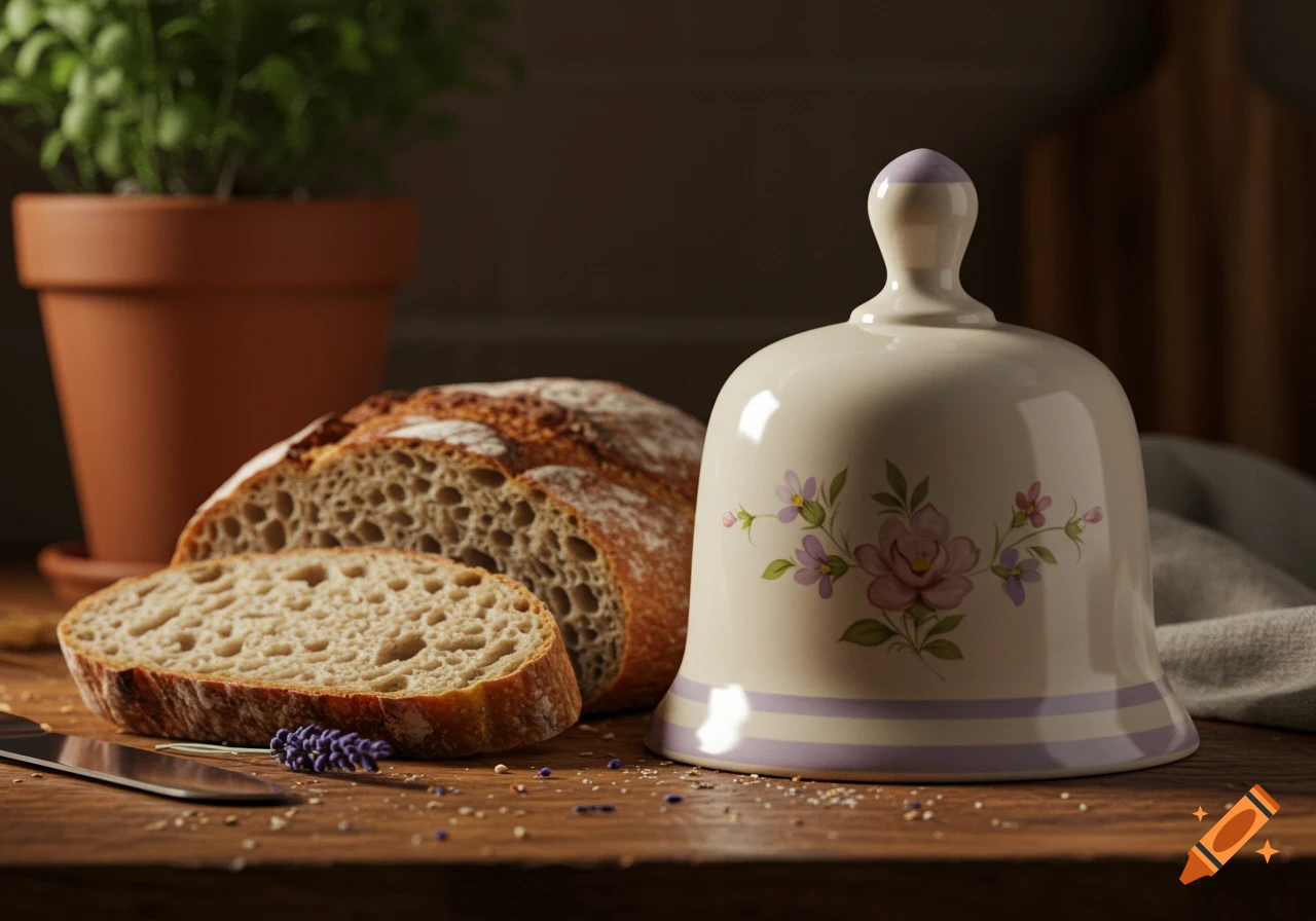 A sliced loaf of rustic bread and a floral butter bell on a wooden table, with a potted plant in the background.
