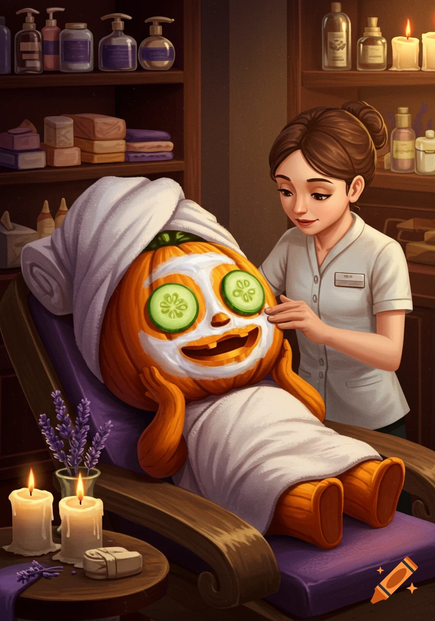 A cute pumpkin character, wearing a face mask with cucumber slices on its eyes and a towel on its head, gets a facial from a human esthetician in a cozy spa setting. Digital painting style.