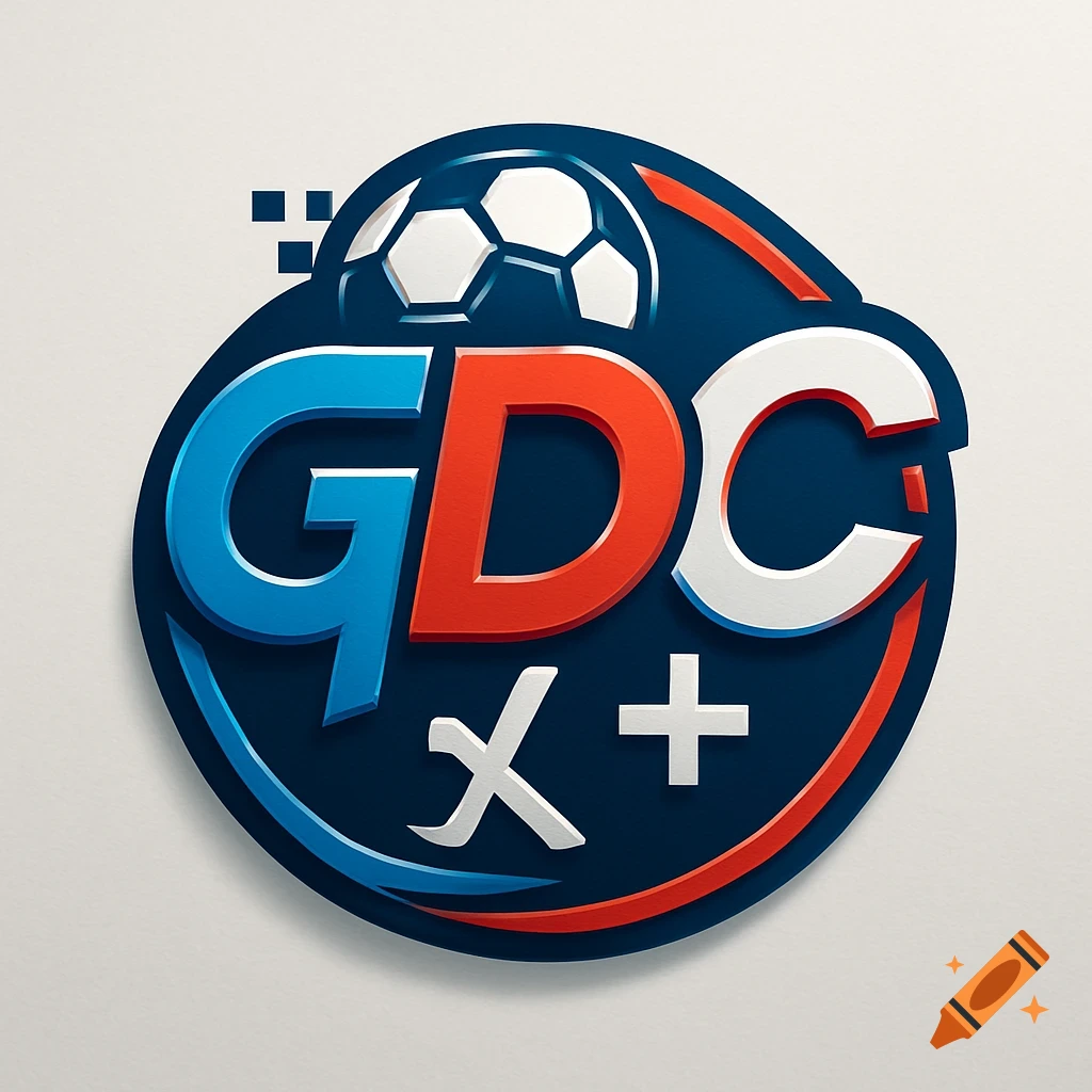 A stylized GDC logo with a soccer ball, X+ symbols, and pixel accents on a dark blue and red circular background.