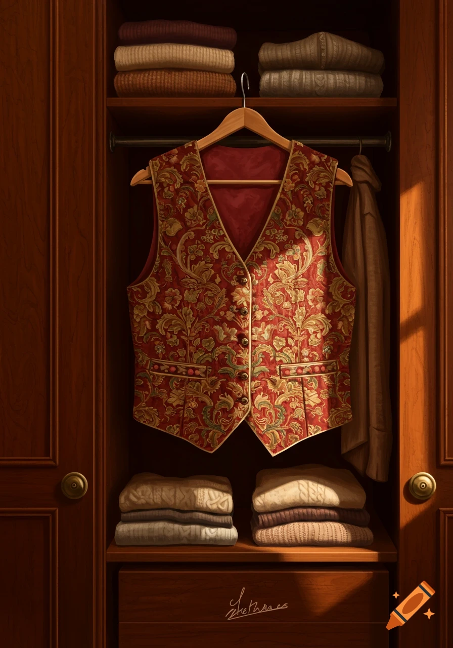 A red and gold patterned vest hangs in an open wooden closet, with folded sweaters on shelves above and below. Photorealistic.