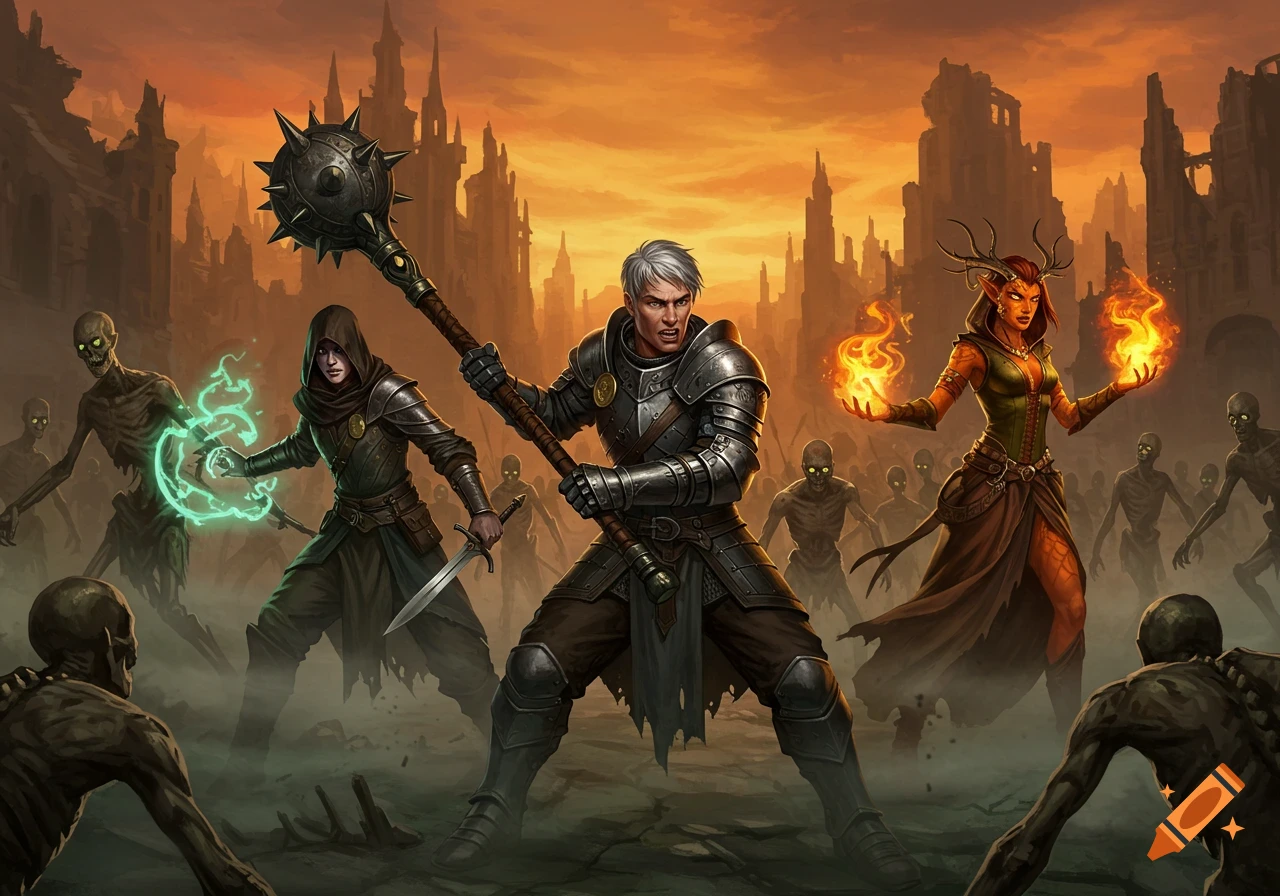 A gray-haired knight, a cloaked assassin, and a fire-wielding druid fight zombies in a ruined city at sunset, fantasy art.