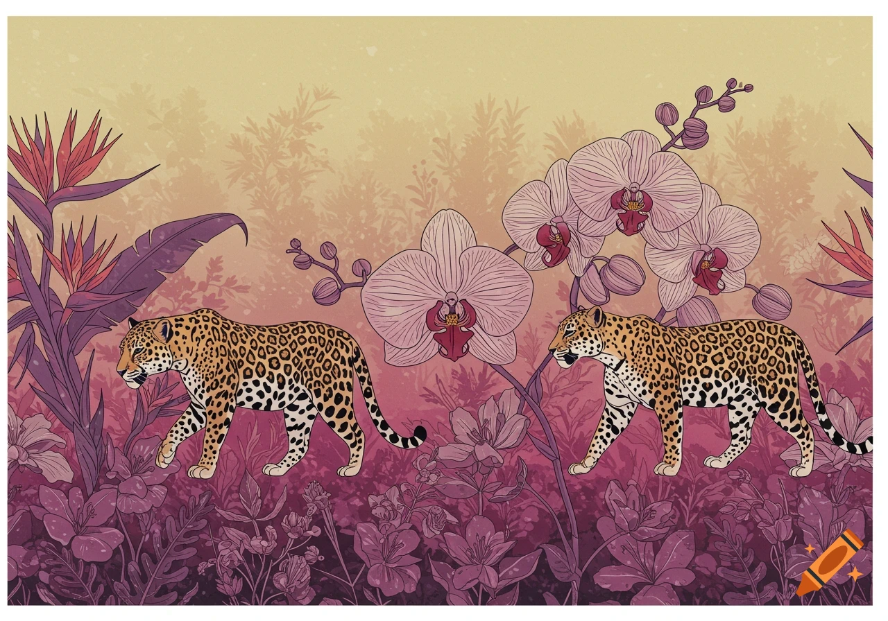 Two stylized jaguars walk through a vibrant jungle with pink orchids and tropical plants, in an illustrative style with outlines.