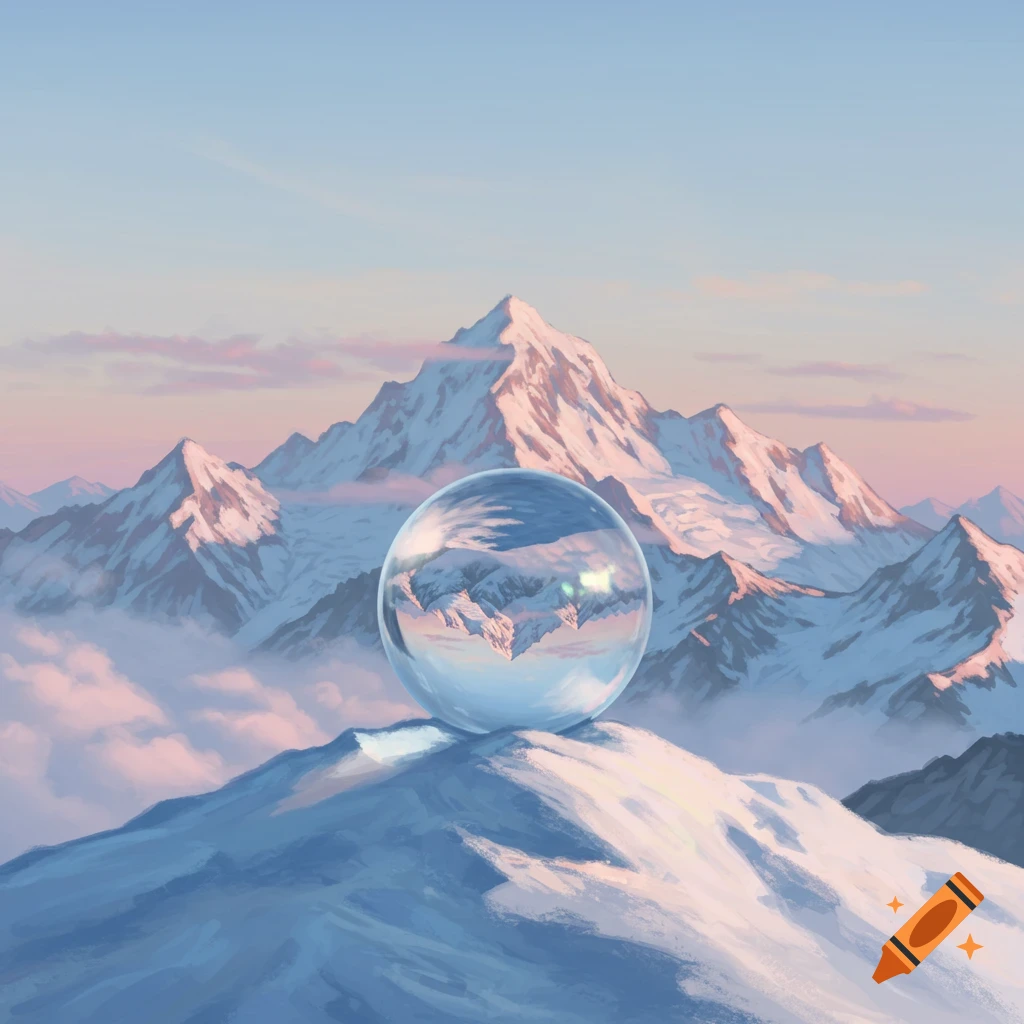 A transparent crystal ball on a snowy mountain peak, reflecting other snow-covered mountains. Pink and blue sky. Digital painting.