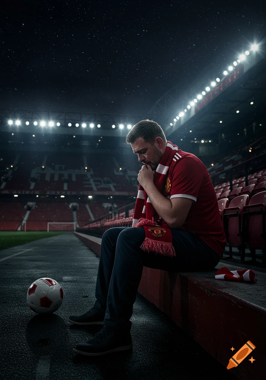 A sad Manchester United fan sitting by a football on a rainy pitch in an empty stadium at night, head bowed, wearing a red shirt and scarf.
