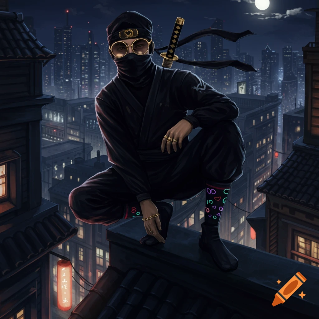 Digital art of a ninja in sunglasses and patterned socks, crouching on a rooftop overlooking a futuristic city at night.