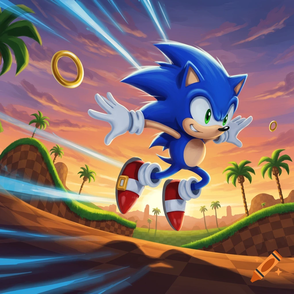 Vibrant illustration of Sonic the Hedgehog running fast in the Green Hill Zone at sunset, with golden rings and palm trees.