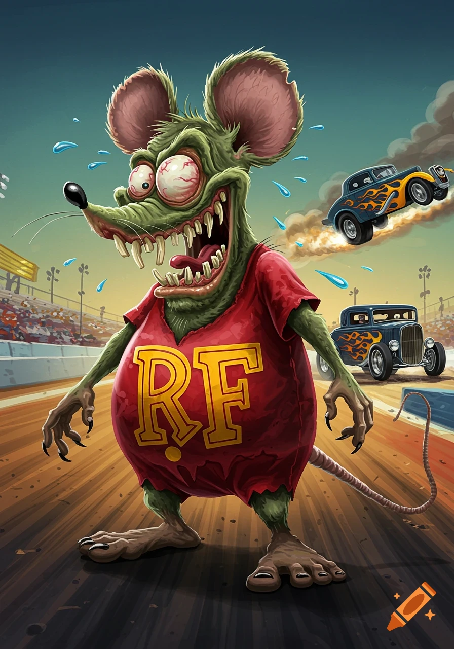 Grotesque green Ratfink with red eyes and large teeth, wearing an 'RF' shirt, stands on a drag race track with hot rod cars.
