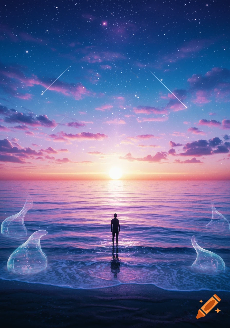 A person stands in the ocean at sunset under a vibrant, starry sky with shooting stars and ethereal glowing shapes in the water.