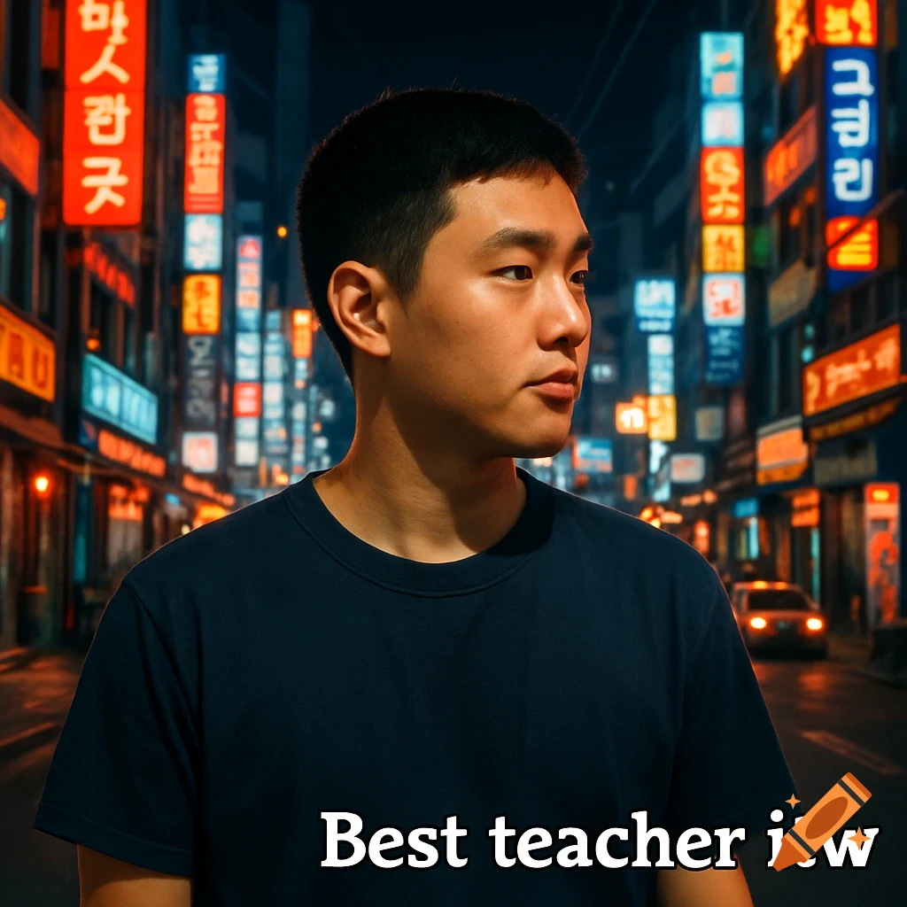 A young man wearing a dark t-shirt stands in a night city street filled with bright neon signs. Text at the bottom right reads "Best teacher itw".