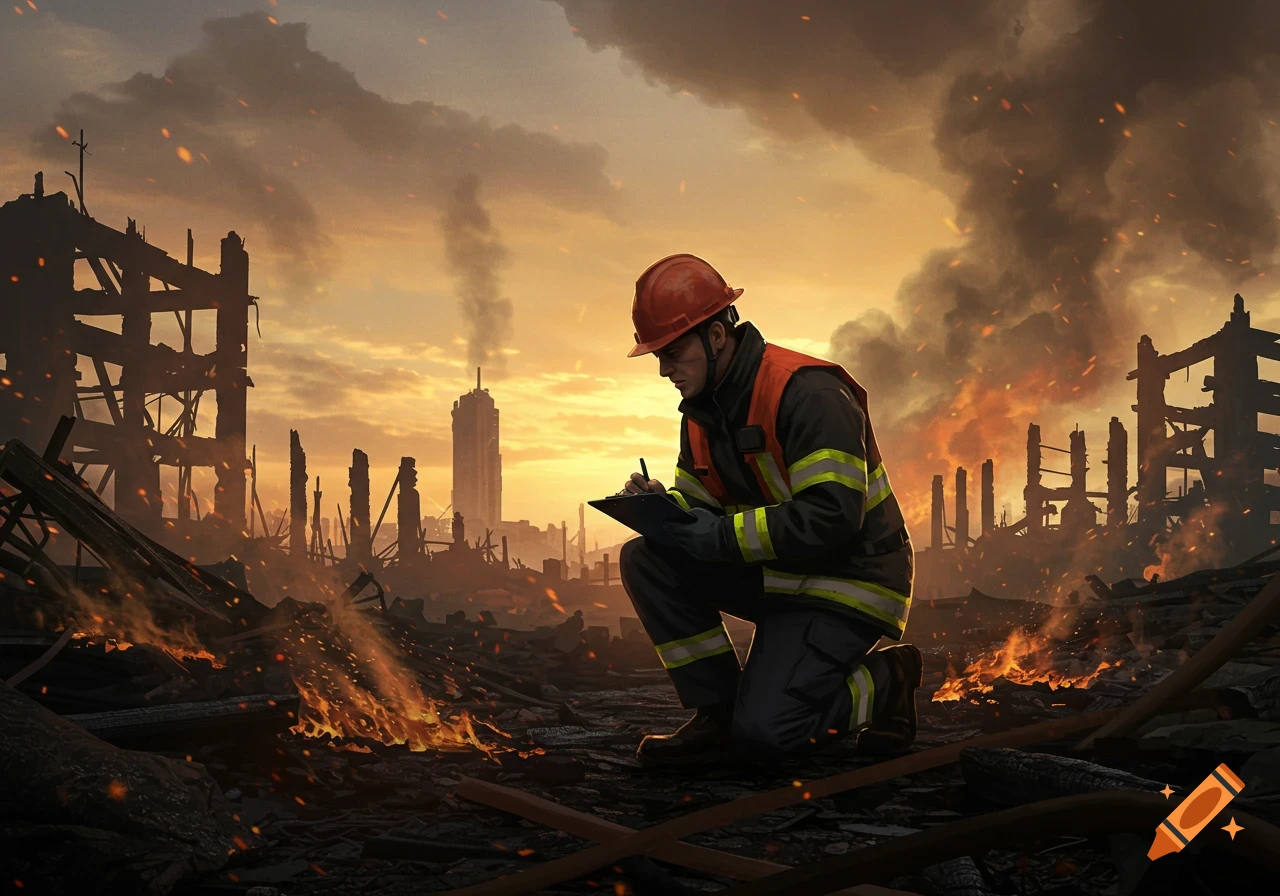 A fire investigator kneels in a burning, destroyed city at sunset, surveying the damage.
