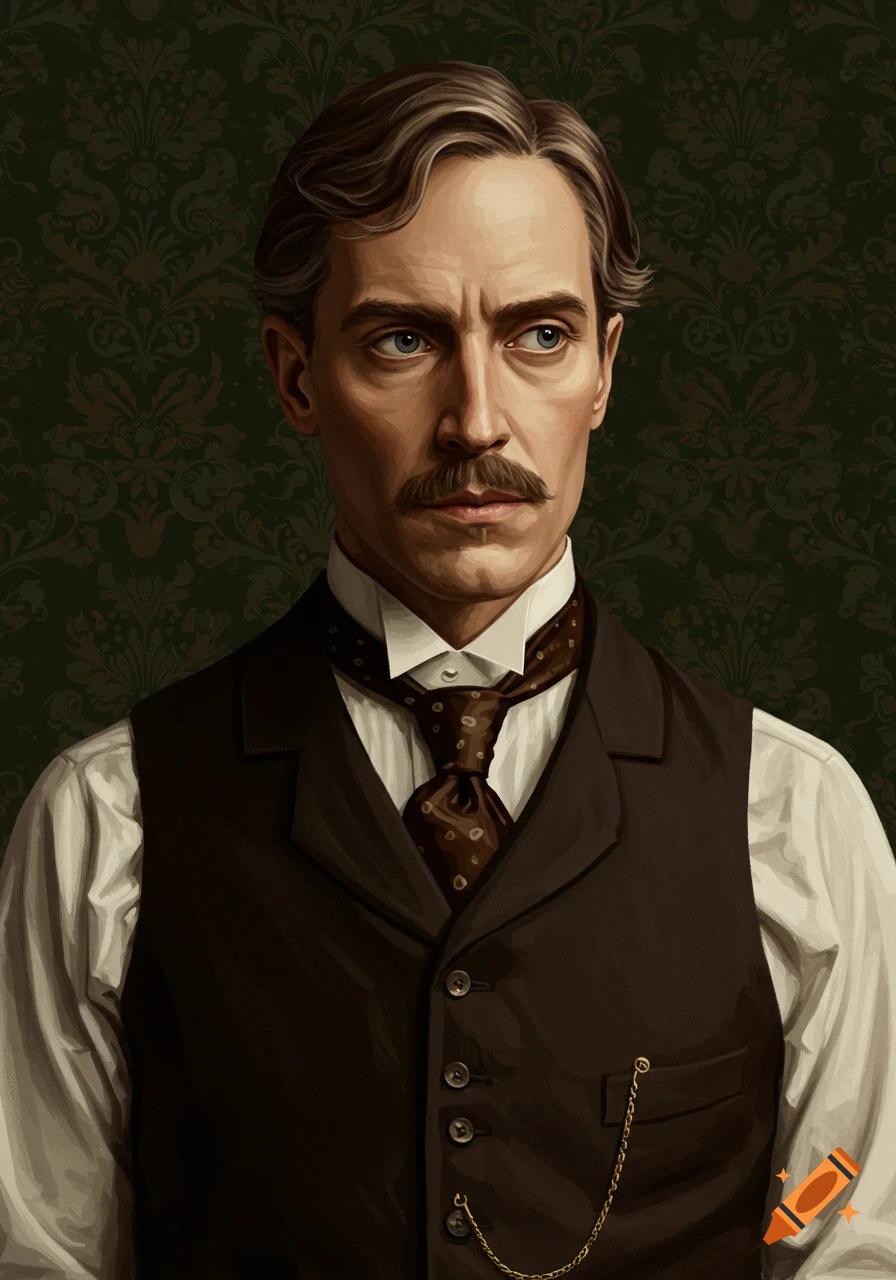 A stylized portrait of a serious man with a mustache in a brown vest and patterned tie against a dark green damask background.