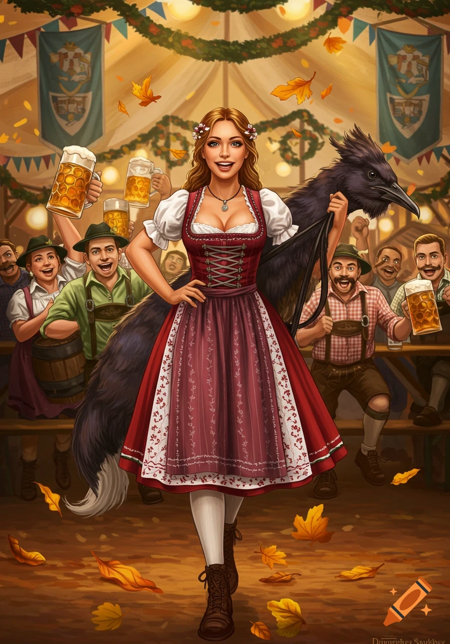 A smiling woman in a red dirndl carries a large, dark, raven-like bird by its neck, standing amidst a lively Oktoberfest celebration with people holding beer mugs.