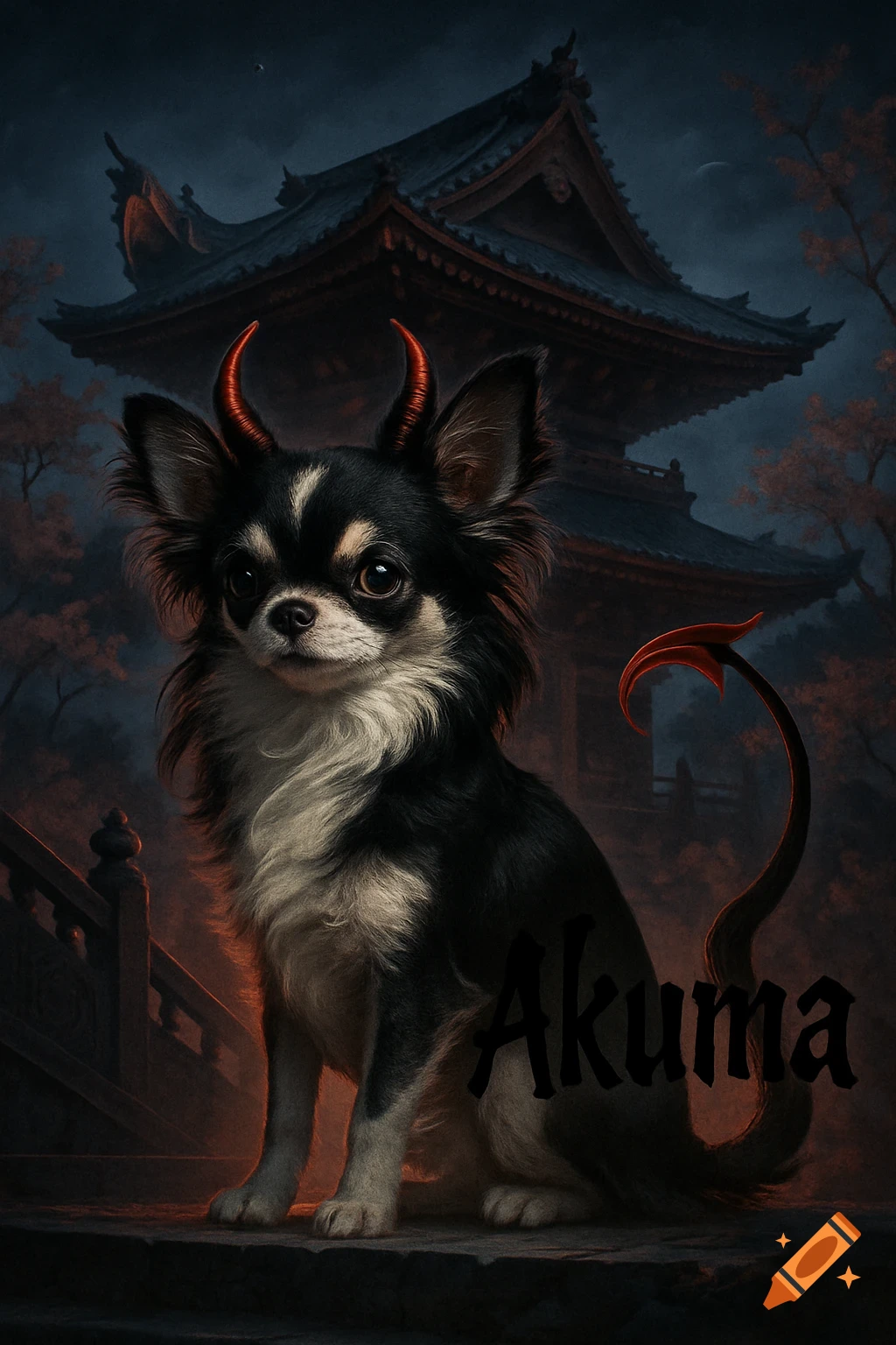 A black and white long-haired Chihuahua with red devil horns and a tail sits on steps in front of a dark Japanese temple, with 'Akuma' written on its side.