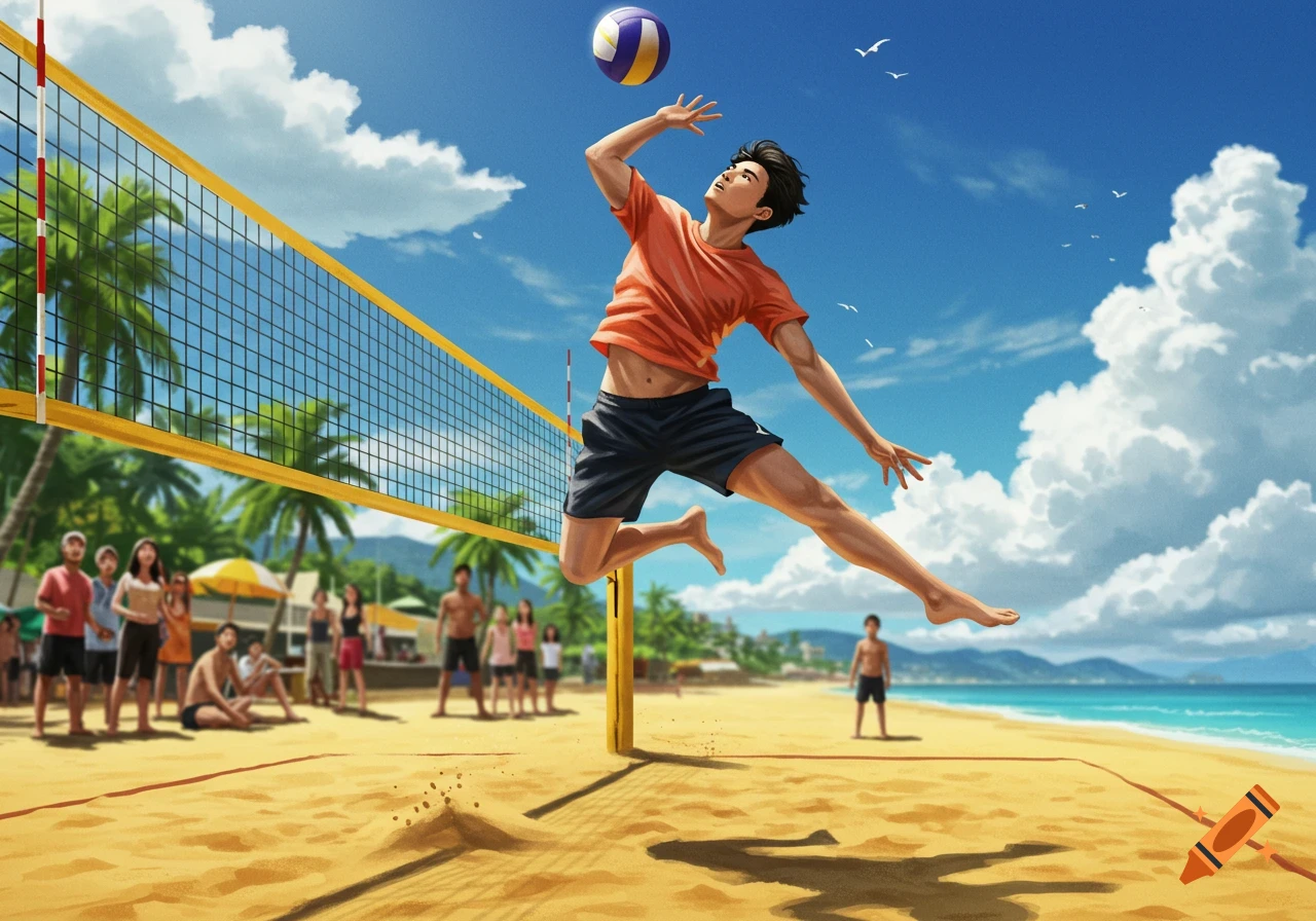 An illustrated Asian man jumps to spike a volleyball on a sunny beach, with palm trees and spectators in the background.