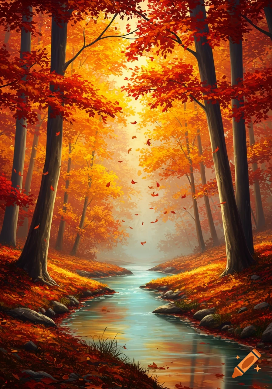 Vibrant autumn forest with tall trees displaying red and orange leaves, a tranquil river flowing through, and fallen leaves on the banks.
