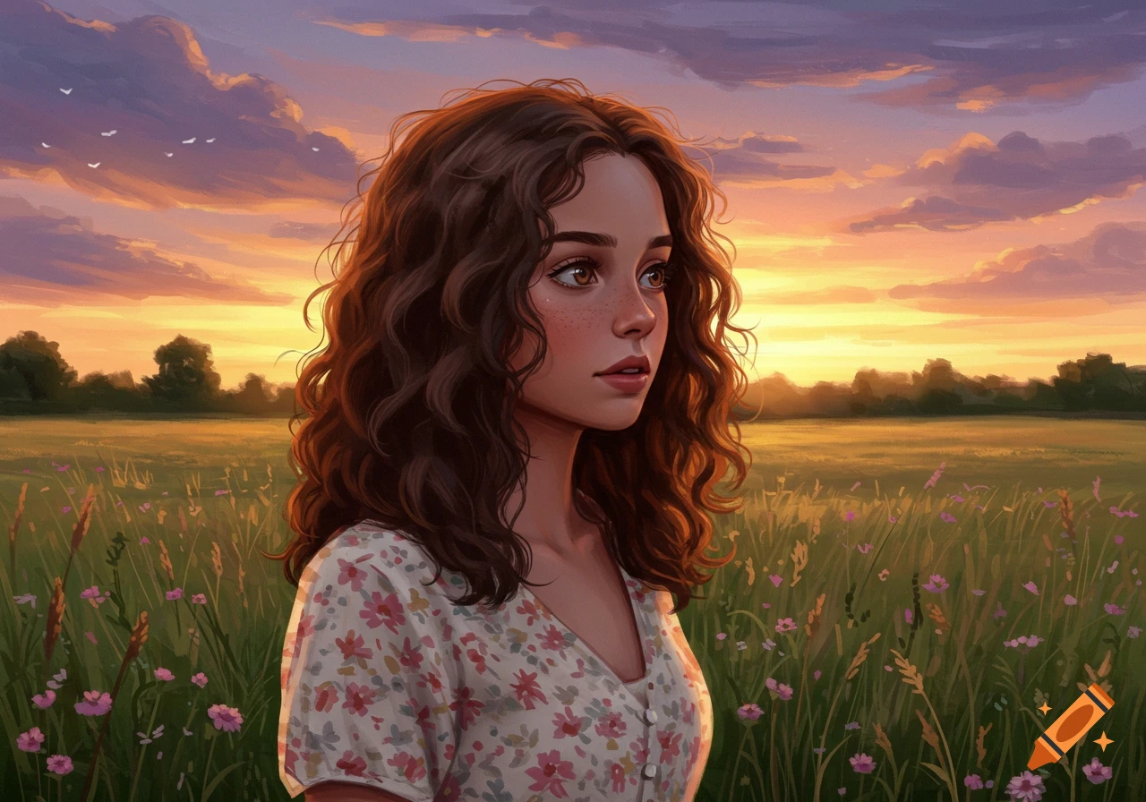 Digital painting of a young woman with curly brown hair and freckles in a wildflower field at sunset.
