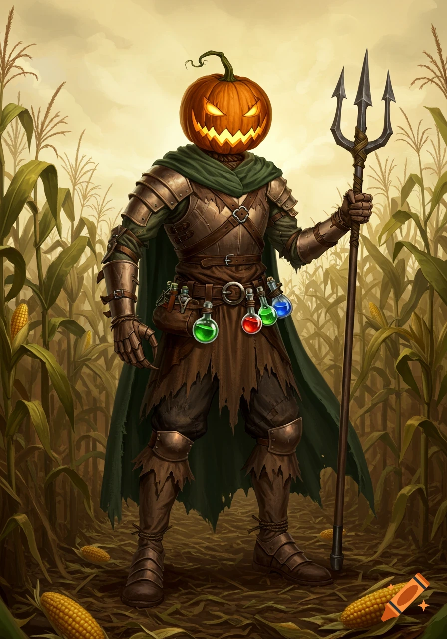 Photorealistic scarecrow warlock with a carved pumpkin head, wearing armor and a cape, stands holding a trident in a sunlit cornfield.