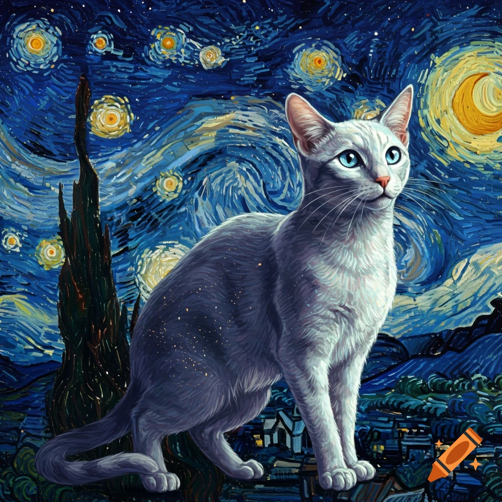 A white cat with blue eyes in a vibrant Starry Night style painting with a dark blue sky, yellow stars, and a crescent moon.