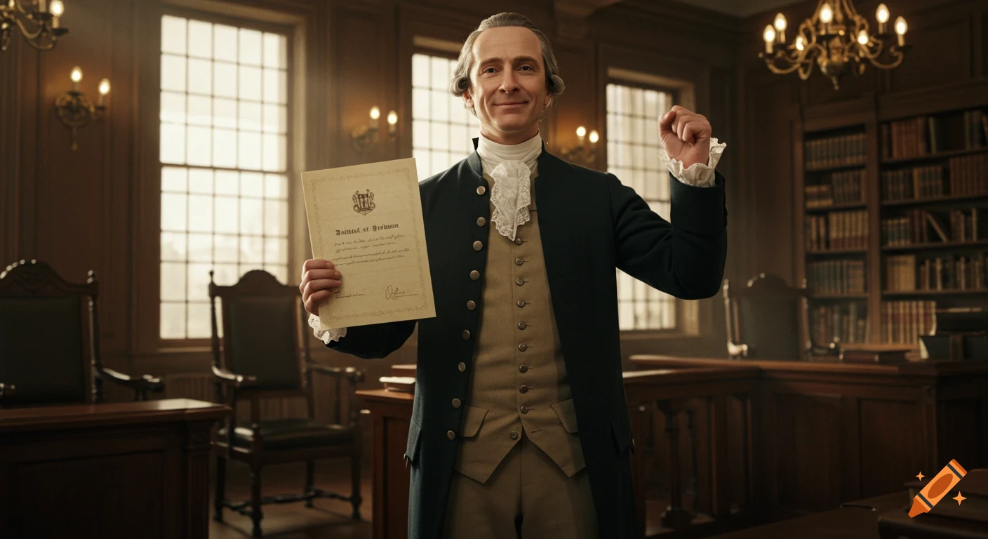 A man in colonial attire, wig, and cravat, stands smiling triumphantly in a formal room, holding up a document.