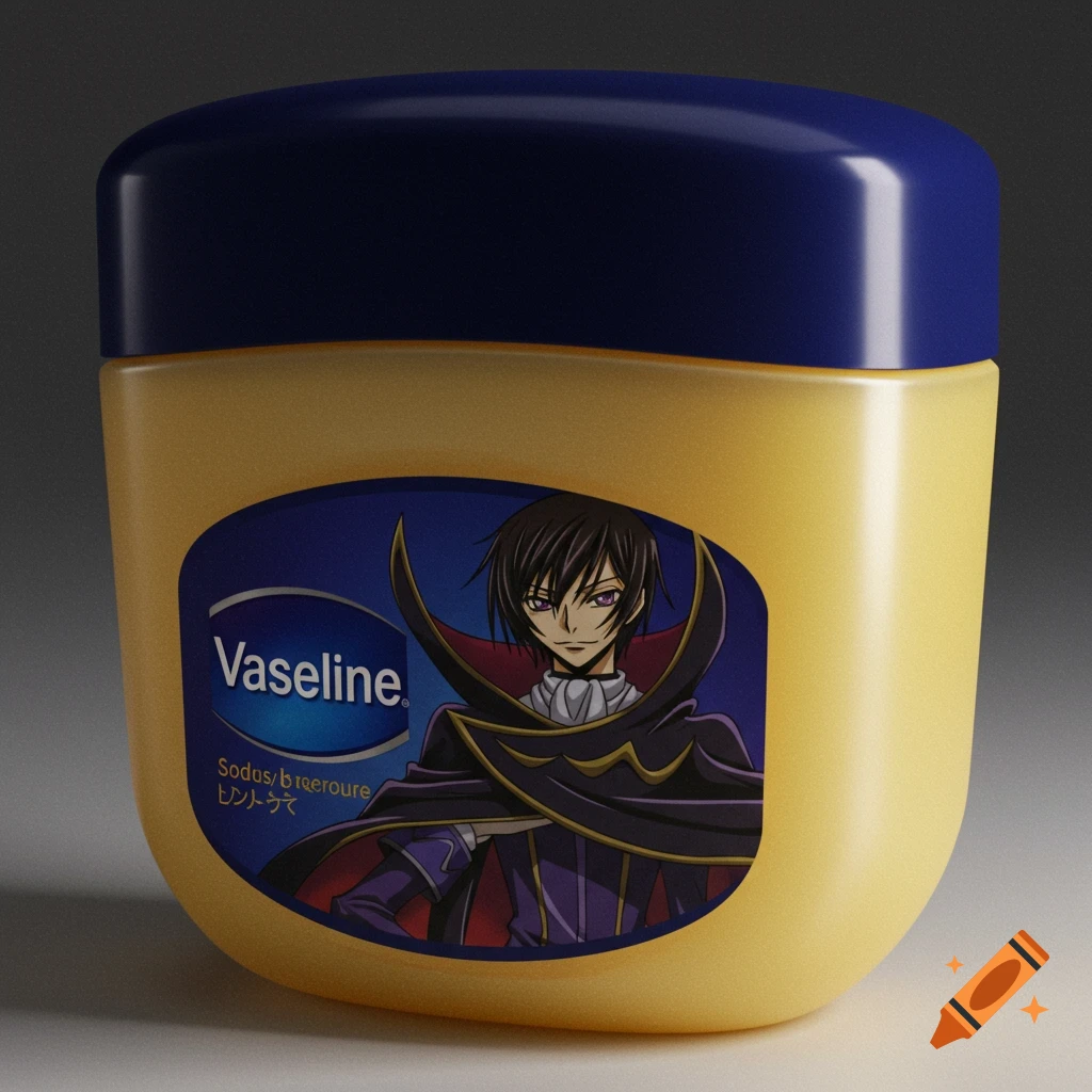 A photorealistic Vaseline container with an anime character, Lelouch from Code Geass, on the label.