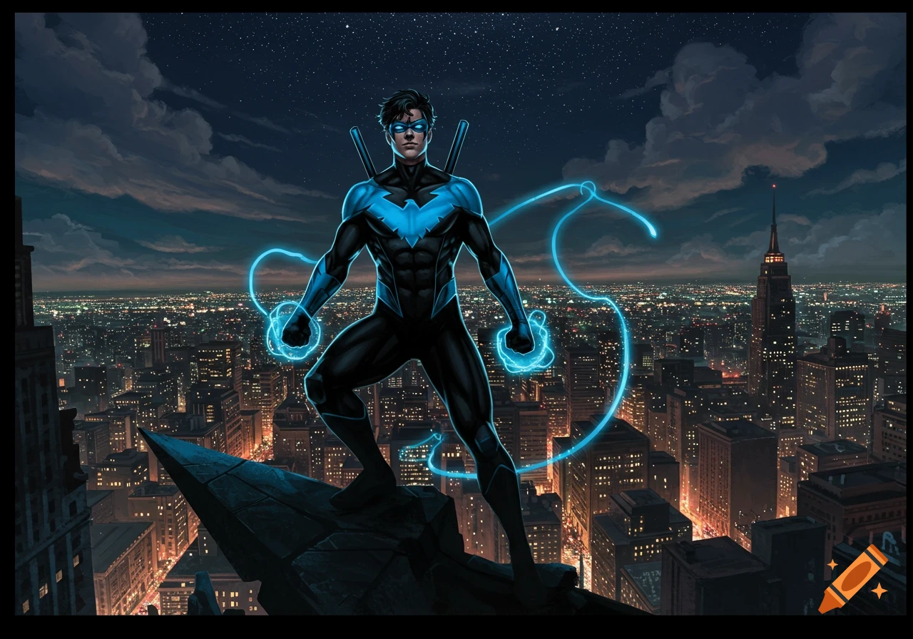 Nightwing, a superhero in a black and blue suit, stands on a dark city rooftop at night with glowing blue energy around his fists.