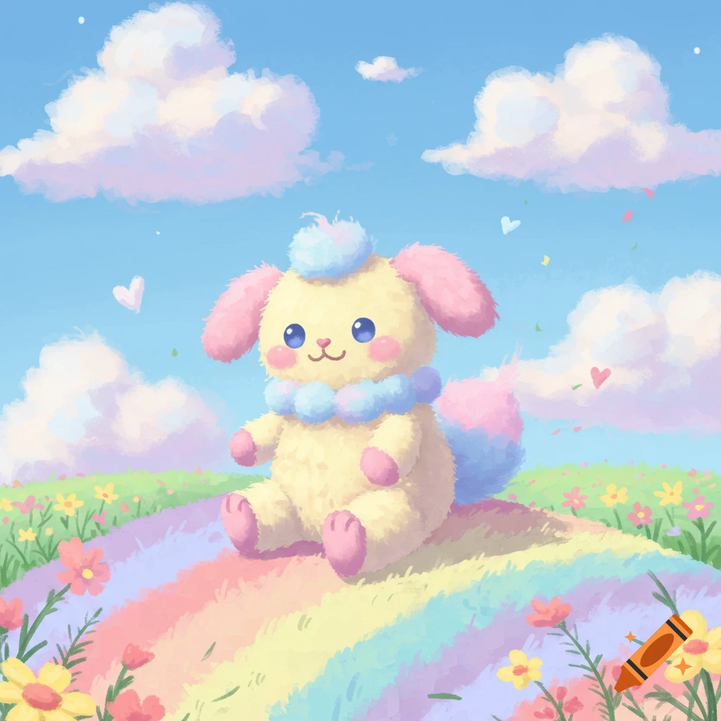 A cute, fluffy yellow creature with pink ears and blue pom-poms sits on a rainbow path in a field of flowers under a blue sky, watercolor style.