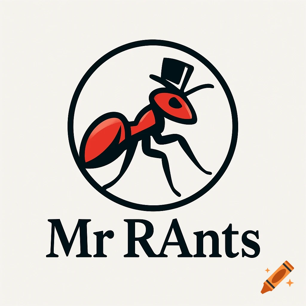 A cartoon logo of a red ant wearing a black top hat, inside a black circle, above the text 'Mr RAnts'.