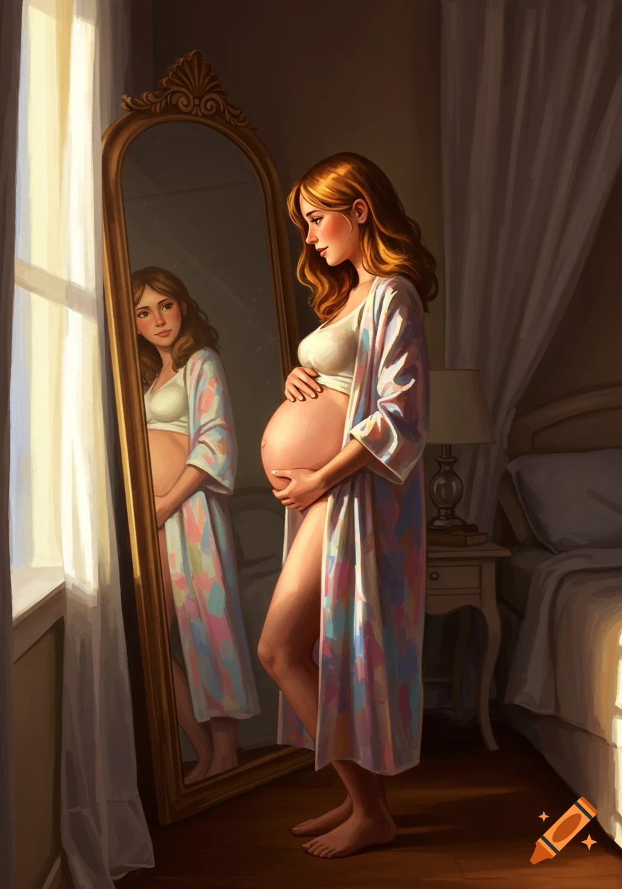 An illustrated pregnant woman in a bra and robe looks at her reflection in a tall mirror, holding her belly in a softly lit bedroom.