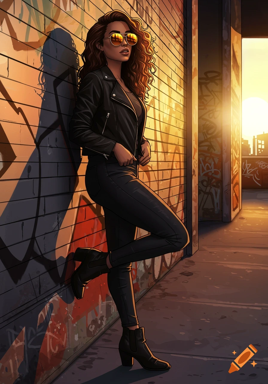 Stylized illustration of a woman in a black leather jacket and jeans leaning against a graffiti-covered brick wall at sunset.