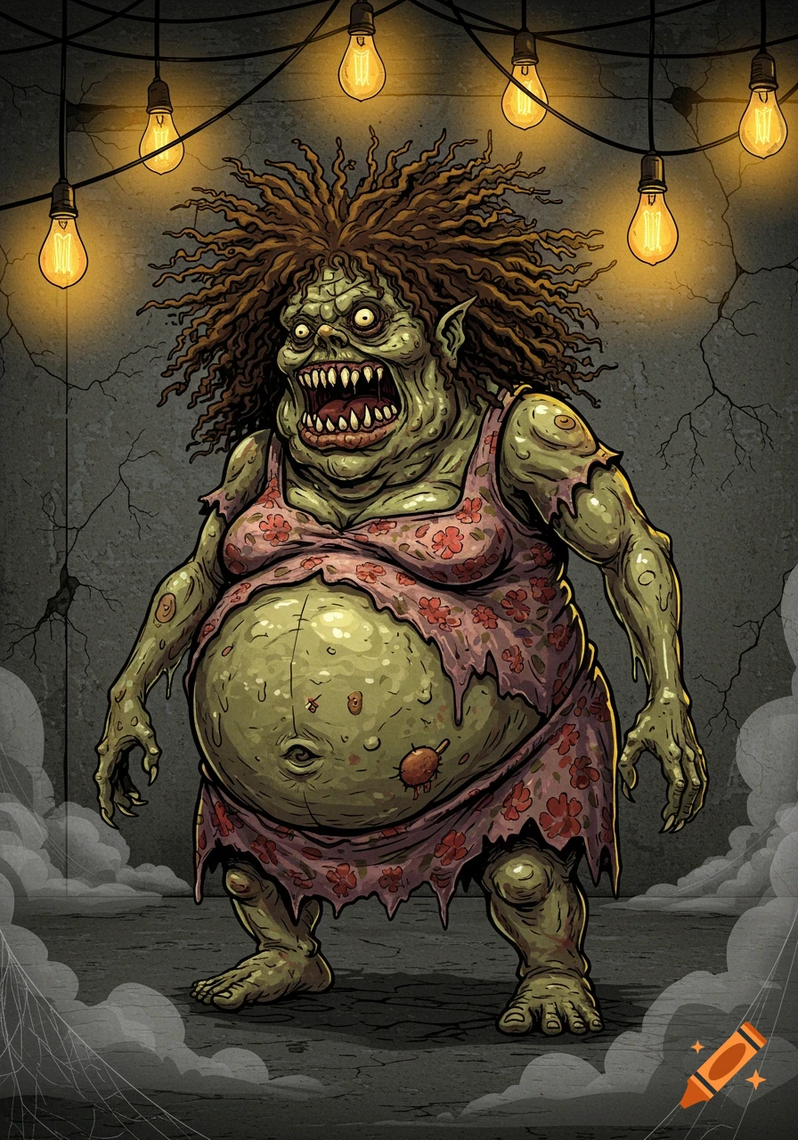 A creepy green monster with big eyes, curly hair, and sharp teeth, wearing a tattered floral dress, stands under string lights in a dark, cracked room.
