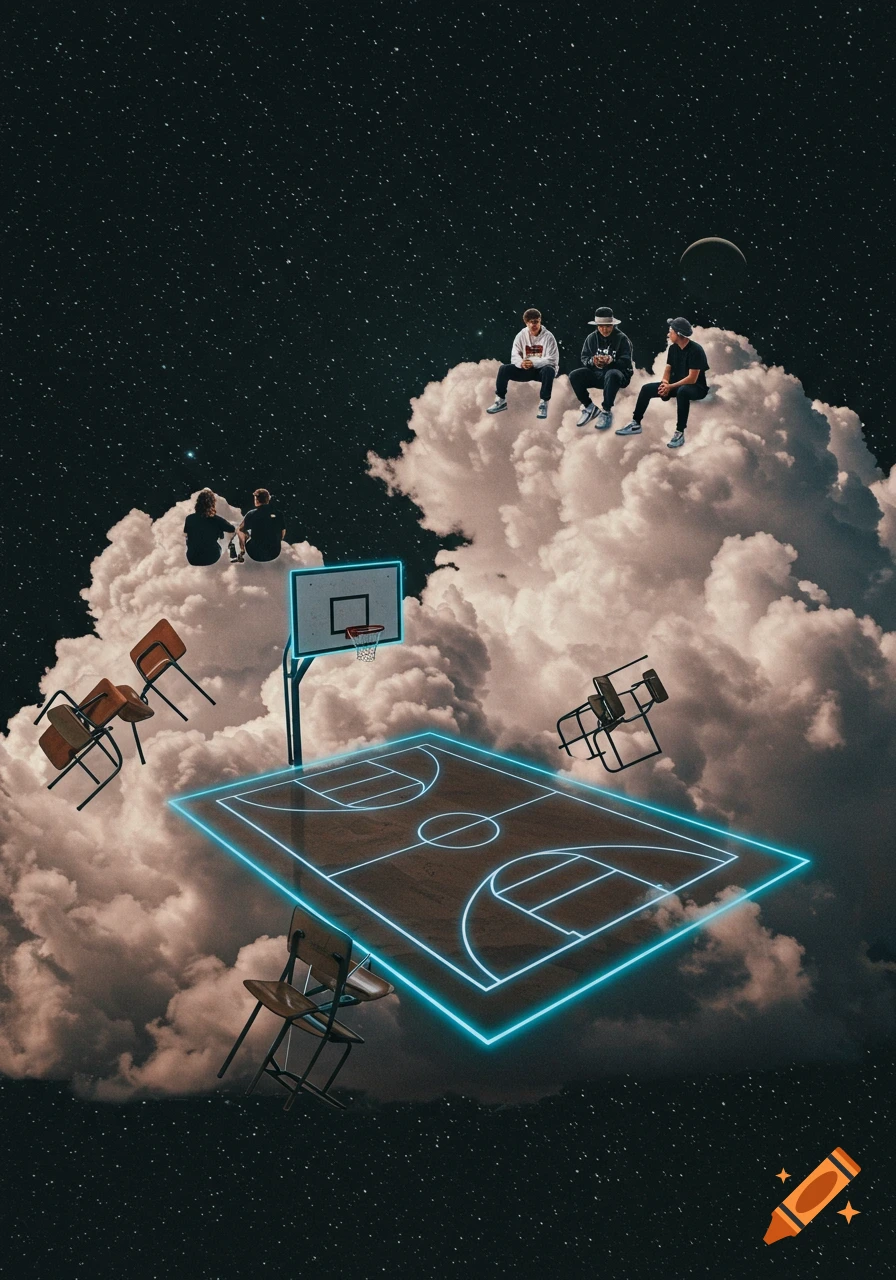 A surreal collage featuring a glowing basketball court and floating chairs on clouds in deep space, with people sitting on clouds.