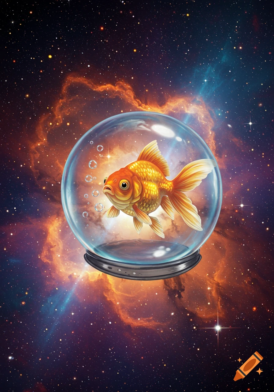 A goldfish inside a clear bubble floats in a vibrant cosmic space with nebulae and stars.