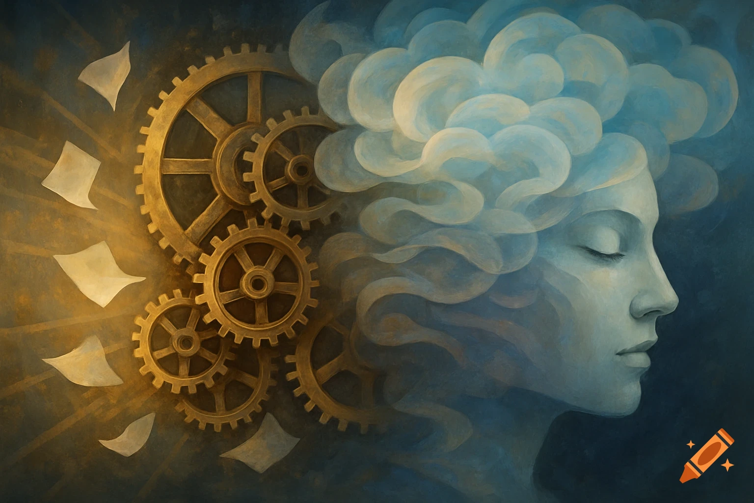Surreal painting of a woman's profile with clouds for hair, gears, and flying papers, in a blue and gold palette.