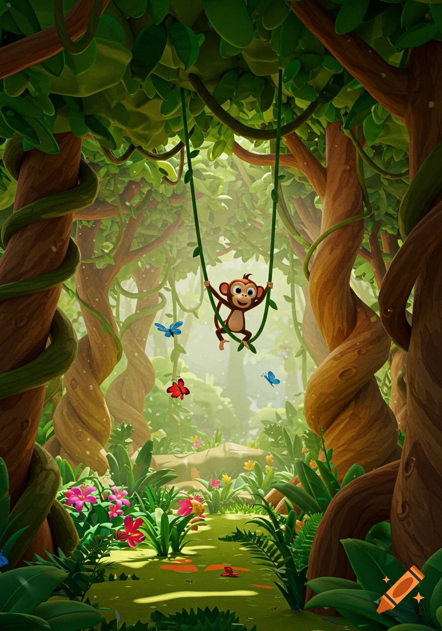 A happy cartoon 3D monkey swings on a vine in a lush, vibrant jungle with colorful flowers and butterflies.