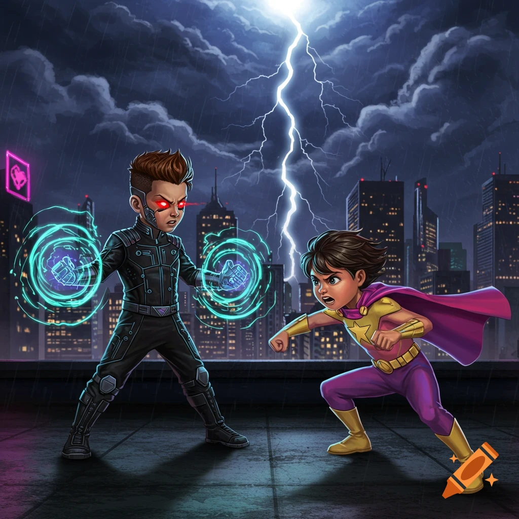 A child villain with glowing energy hands and a child superhero face off on a stormy city rooftop under lightning.