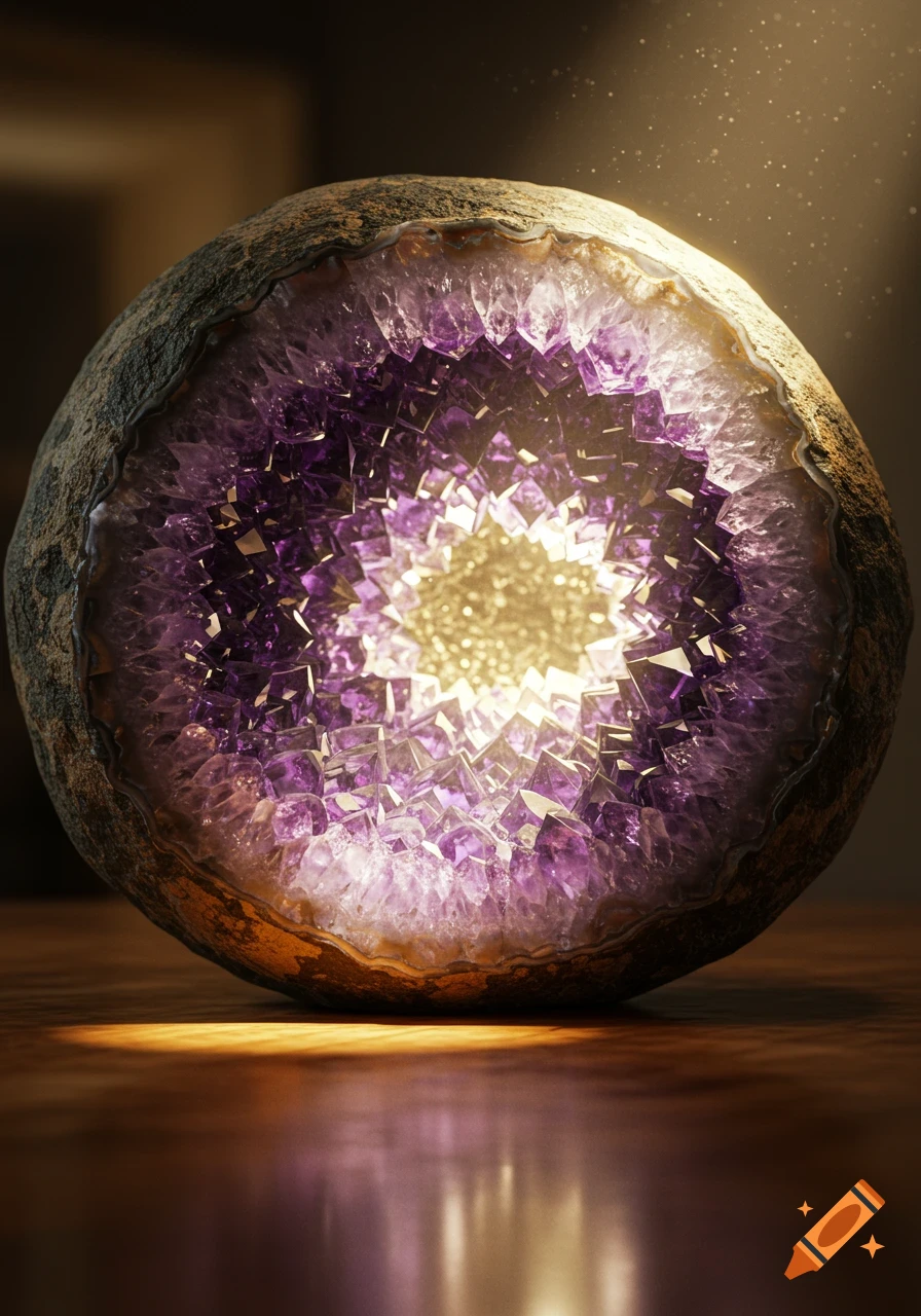A detailed, realistic view of a glowing amethyst geode on a dark surface, showing vibrant purple crystals and a bright center.