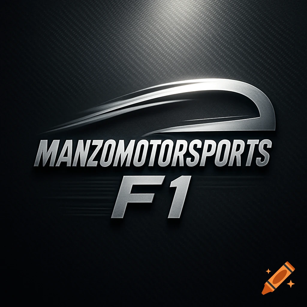 Metallic silver ManzoMotorsports F1 logo with a sleek, aerodynamic design on a dark carbon fiber background.