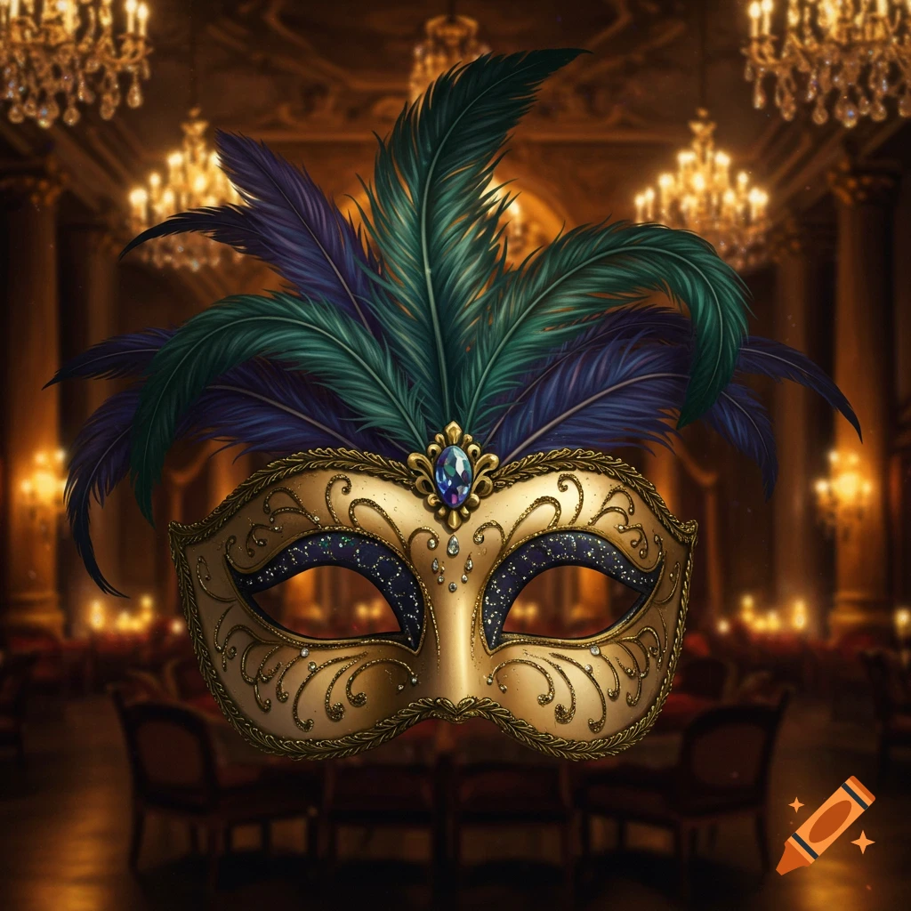 A golden masquerade mask with blue and green feathers and a jewel, in a blurred ballroom setting.