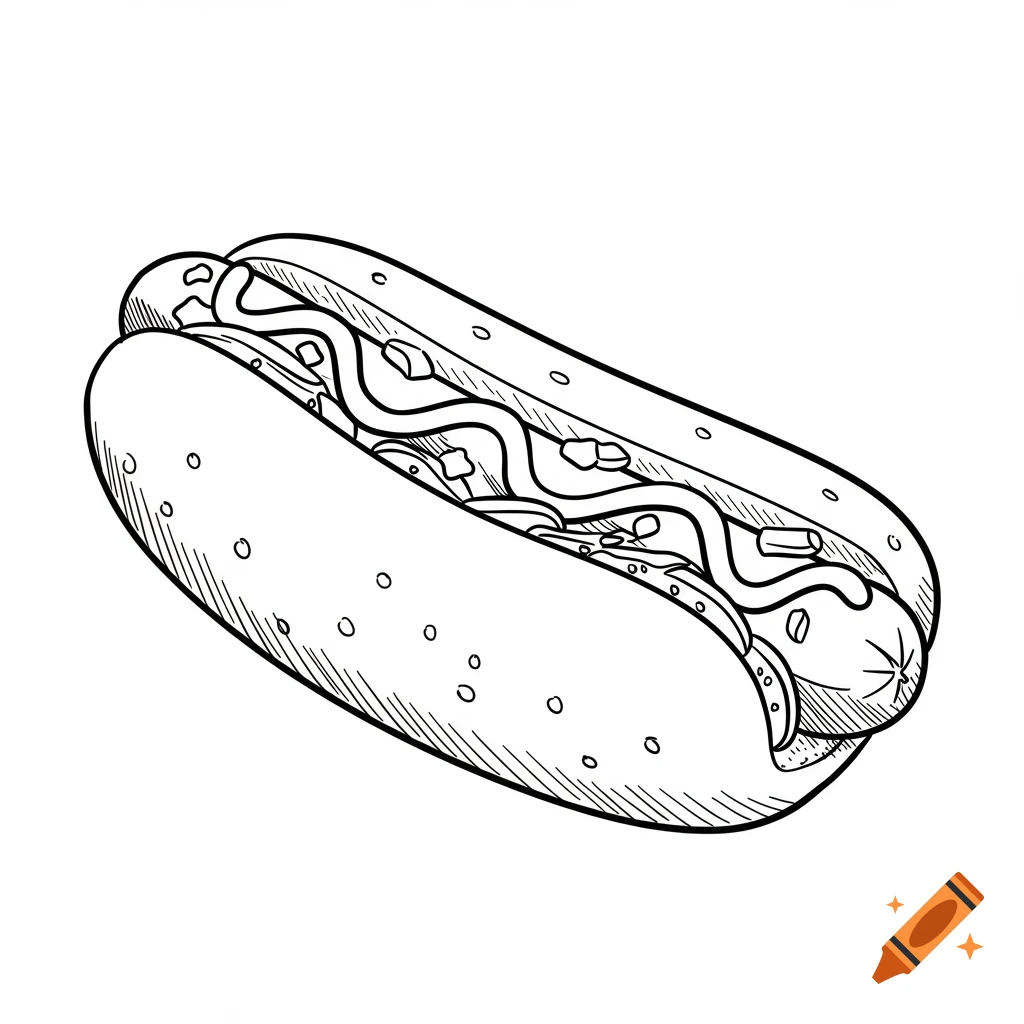 Black outline drawing of a hot dog with condiments in a bun.