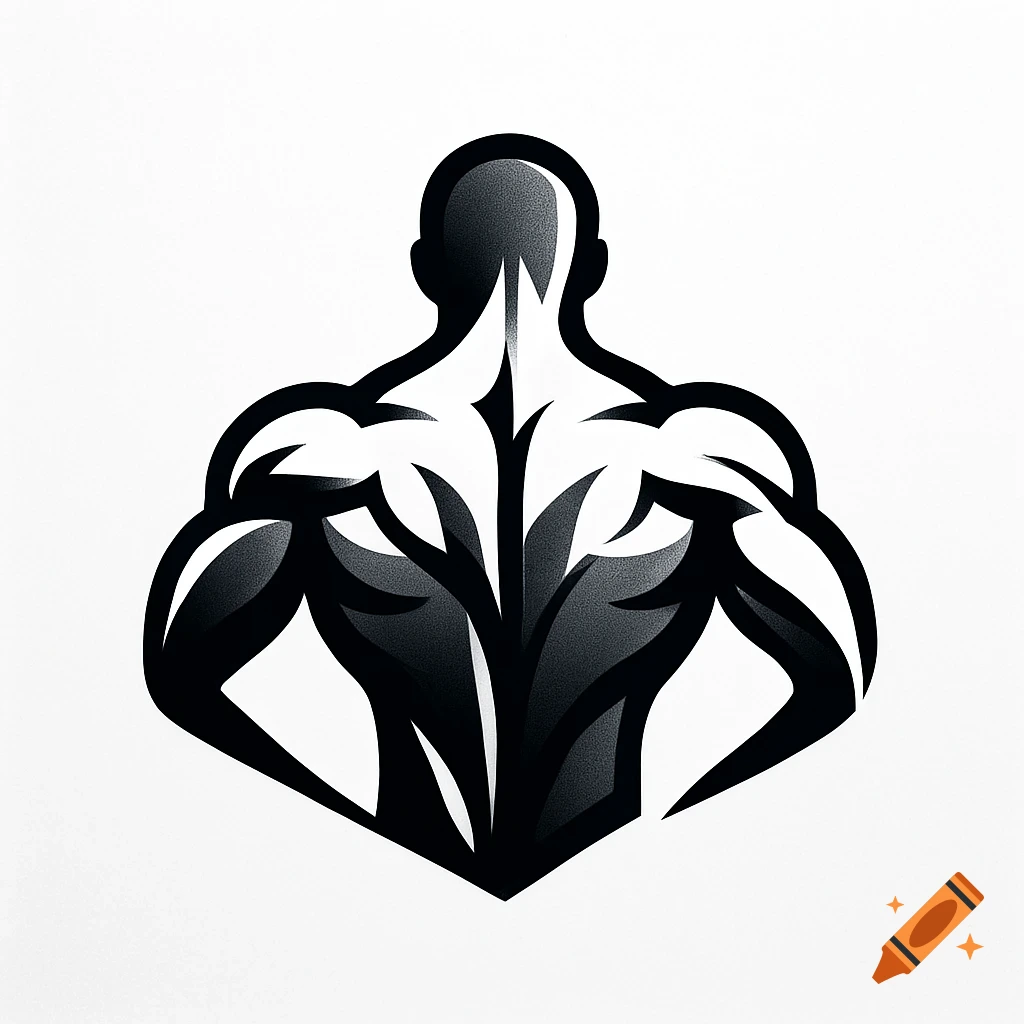 Stylized black and white logo of a person's muscular back, emphasizing the lats and traps.