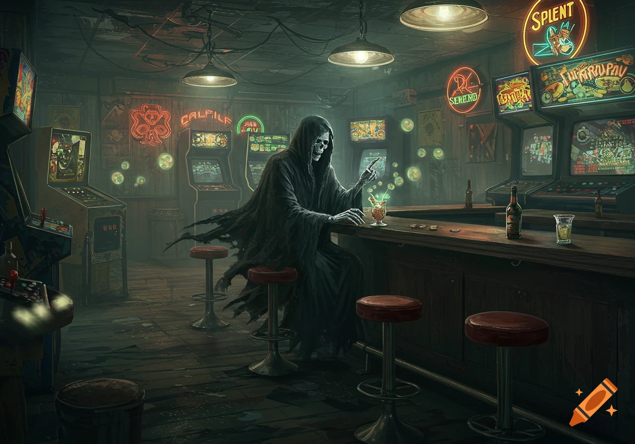 The Grim Reaper, cloaked in black, sits at a bar in a dingy, neon-lit arcade, pointing at a glowing drink. Arcade machines and neon signs fill the background.