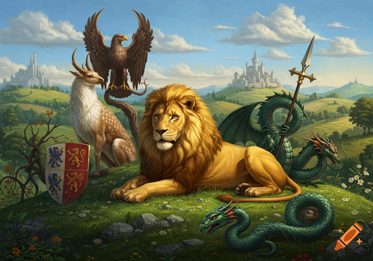 A lion, deer, eagle, and two green dragons on a grassy hill with a shield and distant castles in a vibrant painting style.