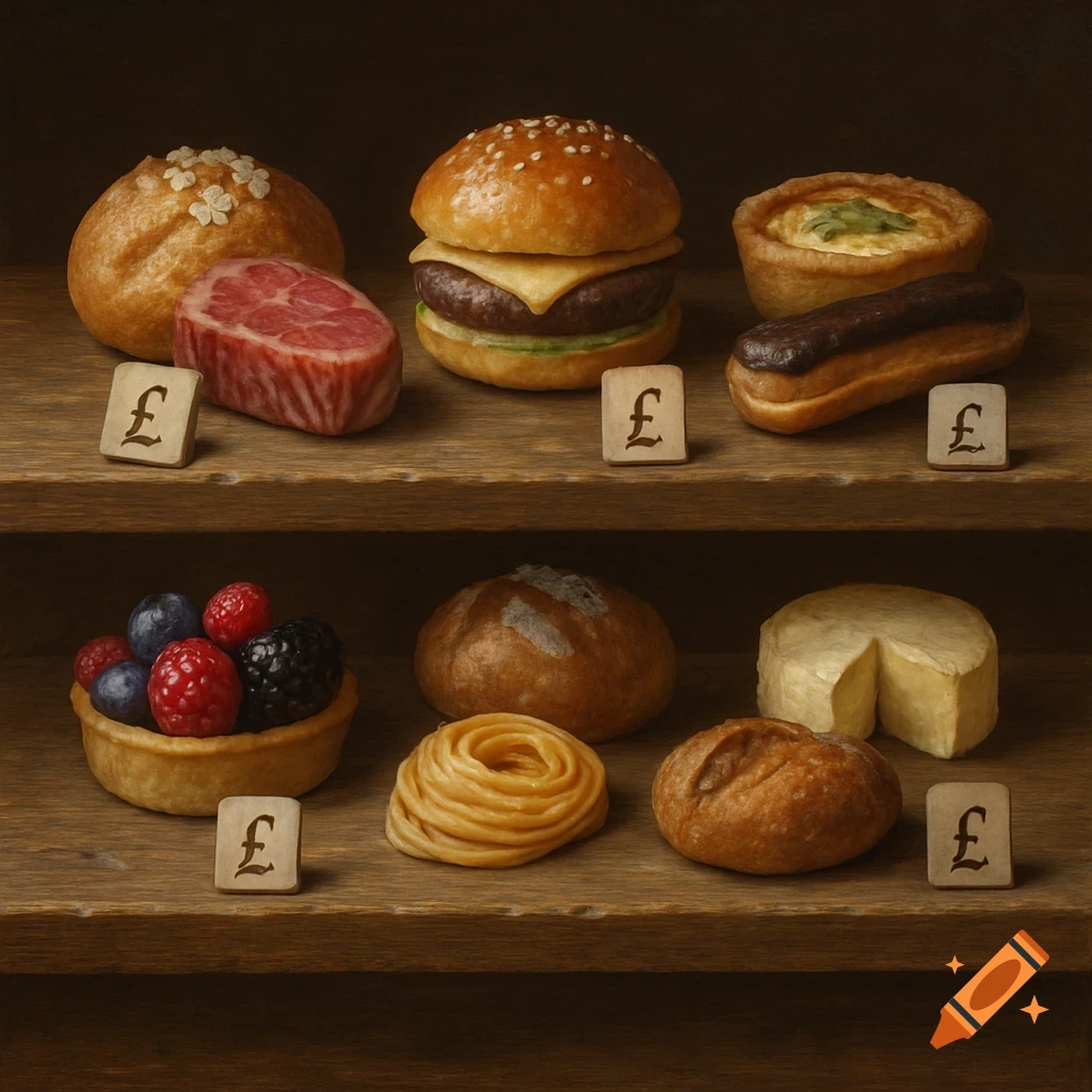 Miniature food items like a burger, bread, meat, fruit tart, and cheese arranged on wooden shelves with Pound Sterling price tags.