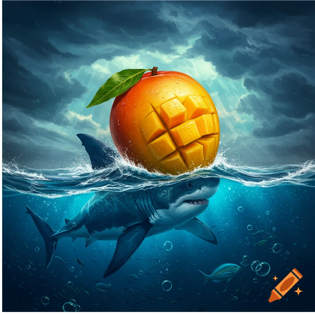 A shark surfaces in stormy ocean waves, balancing a large, square-cut mango with a leaf on its head, under dramatic clouds.