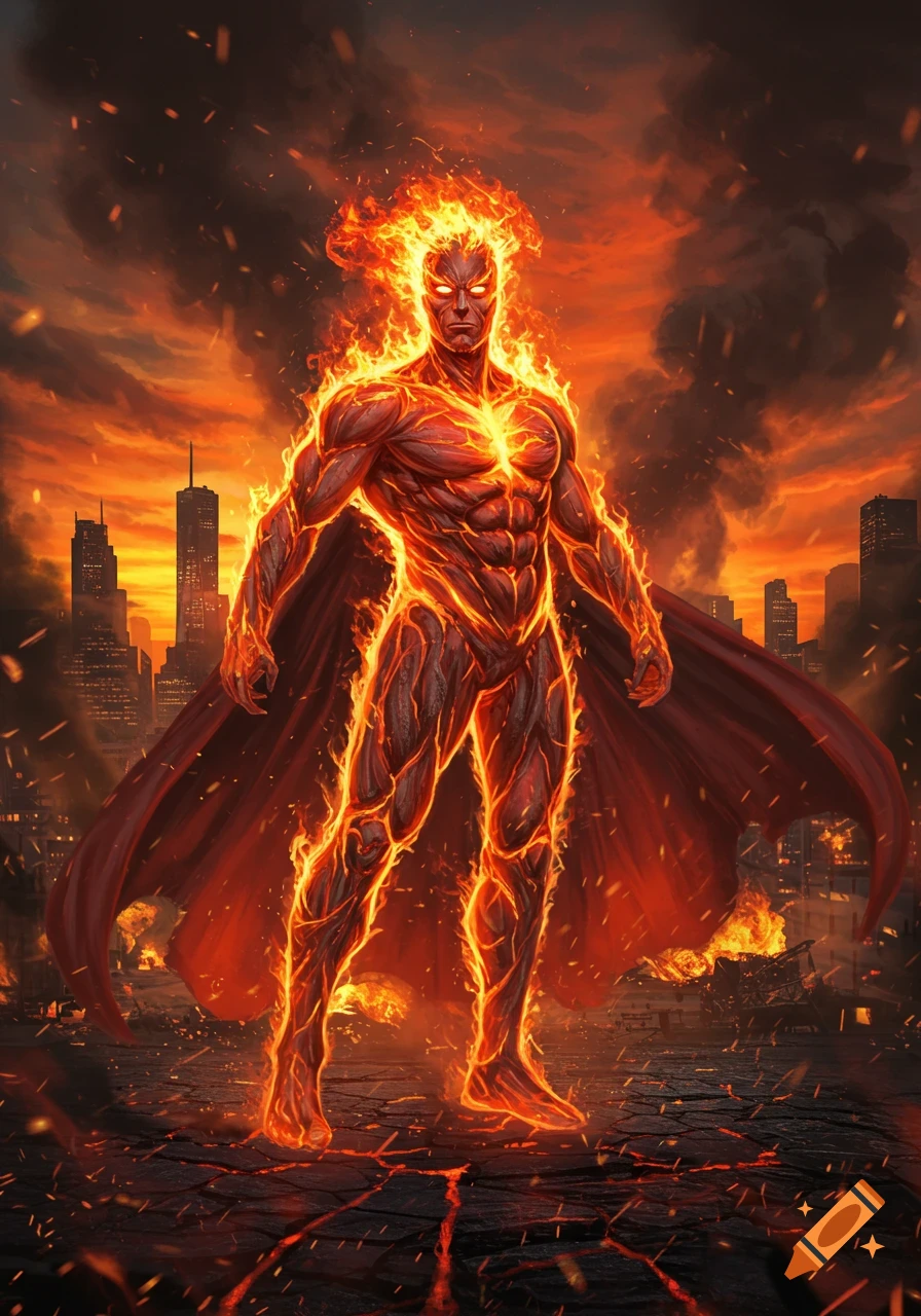 A powerful superhero, wreathed in flames, stands in a burning city under an orange, smoke-filled sky. Digital art.
