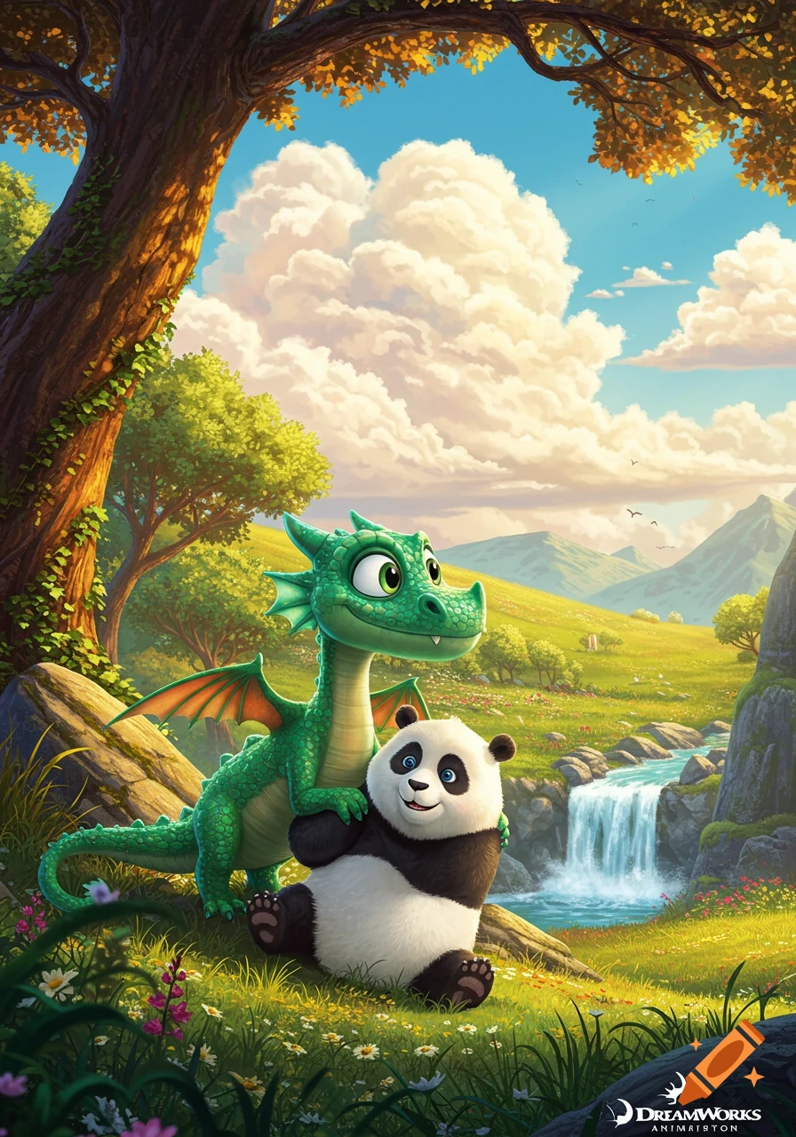 A friendly green cartoon dragon hugs a panda in a lush, sunny fantasy landscape with a waterfall and trees.
