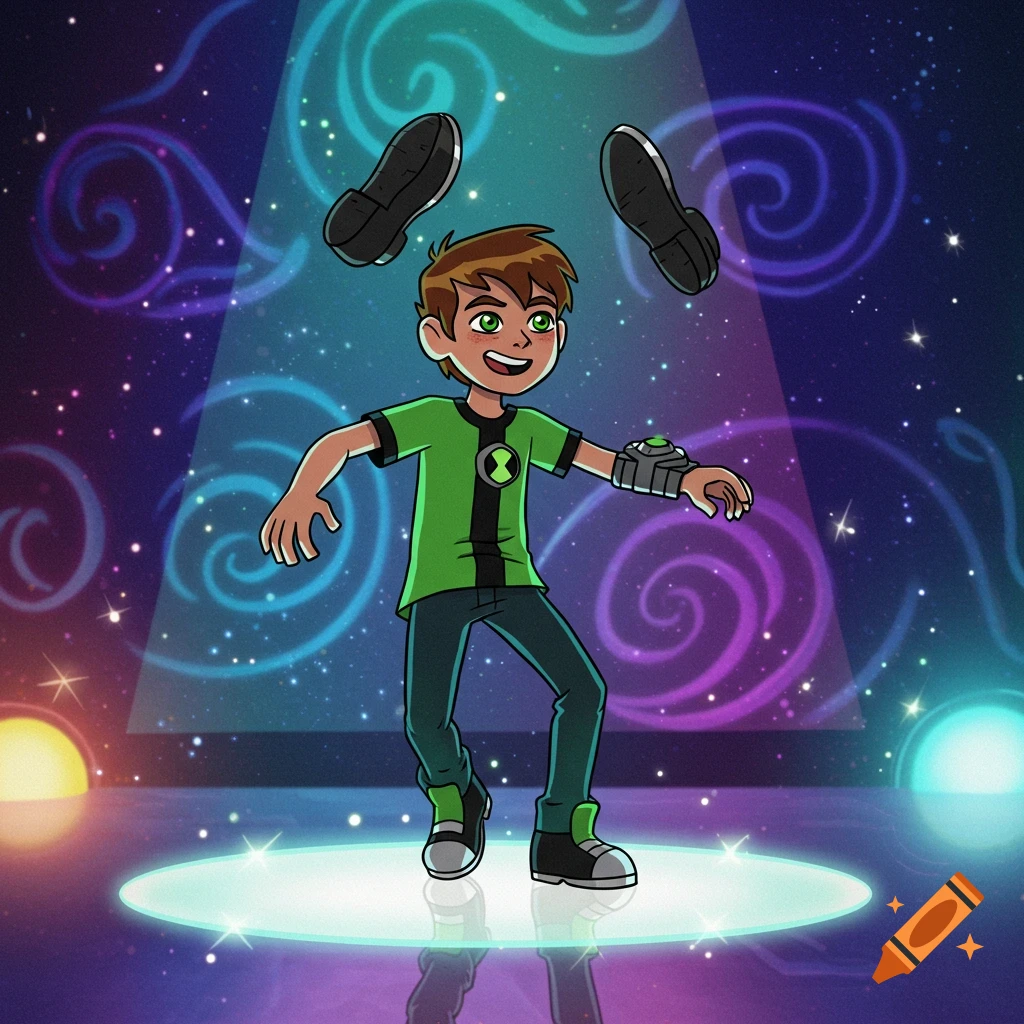 Ben 10 in a green shirt and dark pants stands on a glowing stage, with black shoes floating above his head against a swirling cosmic background.